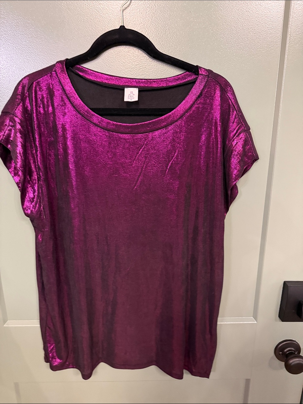 Womens Shimmery Magenta Short Sleeve Scoop Neck Top